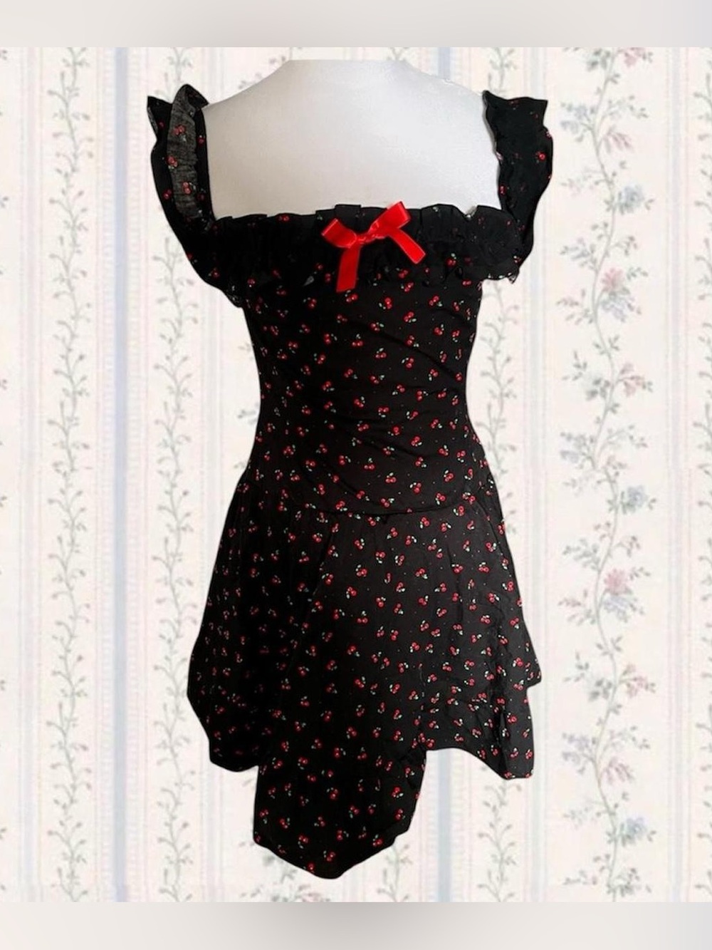 Black Cherry Print Sundress with Red Bow